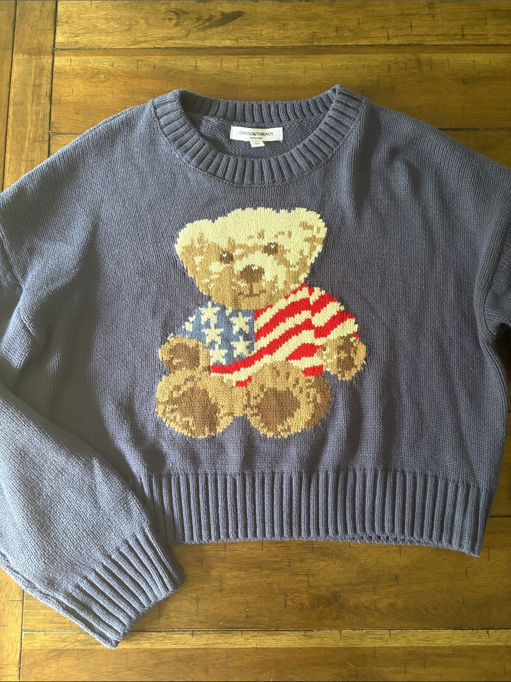 Grayson Threads Navy Teddy Sweater American Flag Patriotic medium EUC - Picture 3 of 4